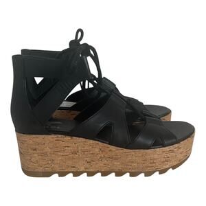 Sorel Black Leather Lace-Up Cork Wedge Sandals - NWOT